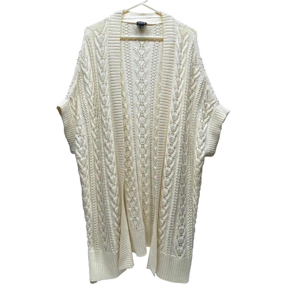 Torrid Open Front Cardigan Women's 1/2 Cream Crochet Knit Short Sleeve Kimono